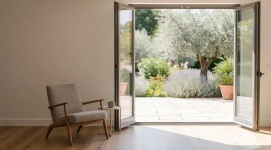 Salon lumineux ouvert sur un jardin grâce à une grande baie vitrée toute hauteur, illustrant la transformation d'une pièce de vie