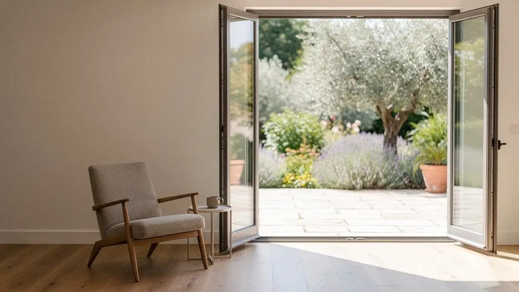 Salon lumineux ouvert sur un jardin grâce à une grande baie vitrée toute hauteur, illustrant la transformation d'une pièce de vie