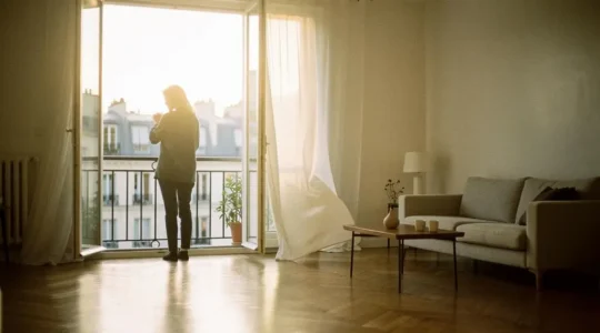 Interieur lumineux d'un appartement francais avec une grande baie vitree ouverte donnant sur un balcon, illustrant le choix entre ouverture battante et coulissante