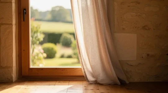 Fenêtre en bois massif baignée de lumière naturelle dans un intérieur français chaleureux, illustrant la qualité de vie apportée par le bois