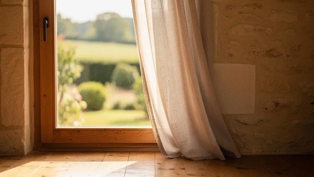 Fenêtre en bois massif baignée de lumière naturelle dans un intérieur français chaleureux, illustrant la qualité de vie apportée par le bois