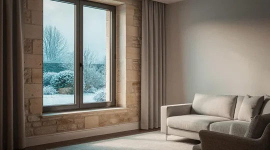 Grande fenêtre moderne dans un salon français, contraste entre chaleur intérieure et froid extérieur hivernal