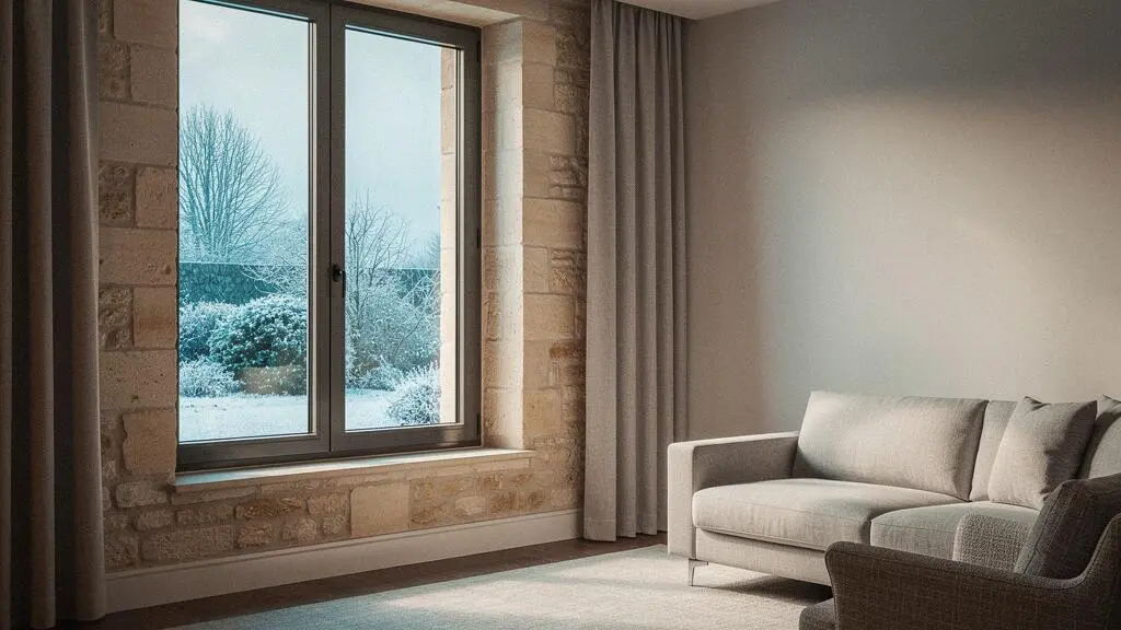 Grande fenêtre moderne dans un salon français, contraste entre chaleur intérieure et froid extérieur hivernal