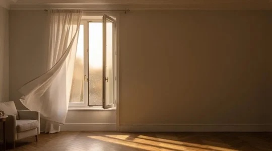 Fenêtre oscillo-battante entrouverte en haut dans un appartement parisien baigné de lumière matinale, illustrant une aération sécurisée