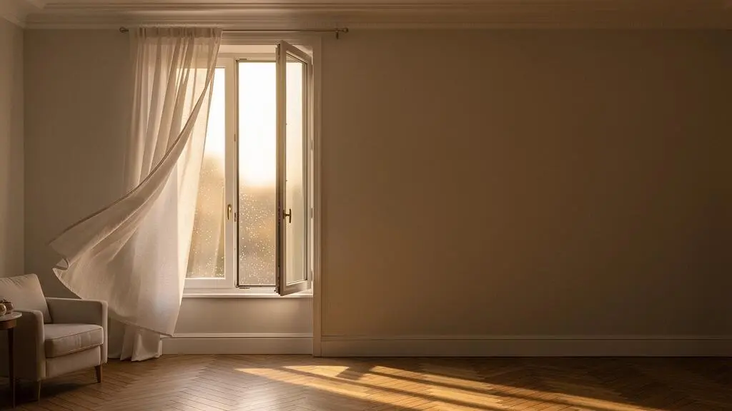 Fenêtre oscillo-battante entrouverte en haut dans un appartement parisien baigné de lumière matinale, illustrant une aération sécurisée