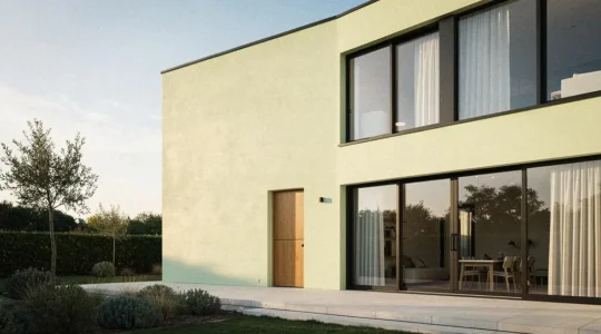 Façade contemporaine française mettant en valeur de grandes menuiseries aluminium sombres qui structurent l'architecture du bâtiment