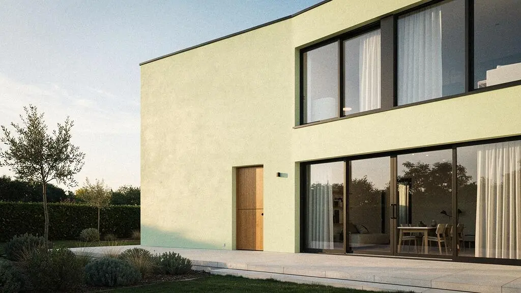 Façade contemporaine française mettant en valeur de grandes menuiseries aluminium sombres qui structurent l'architecture du bâtiment