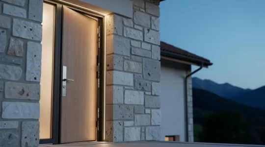 Porte d'entrée isolante haute performance intégrée à une façade de maison française au crépuscule