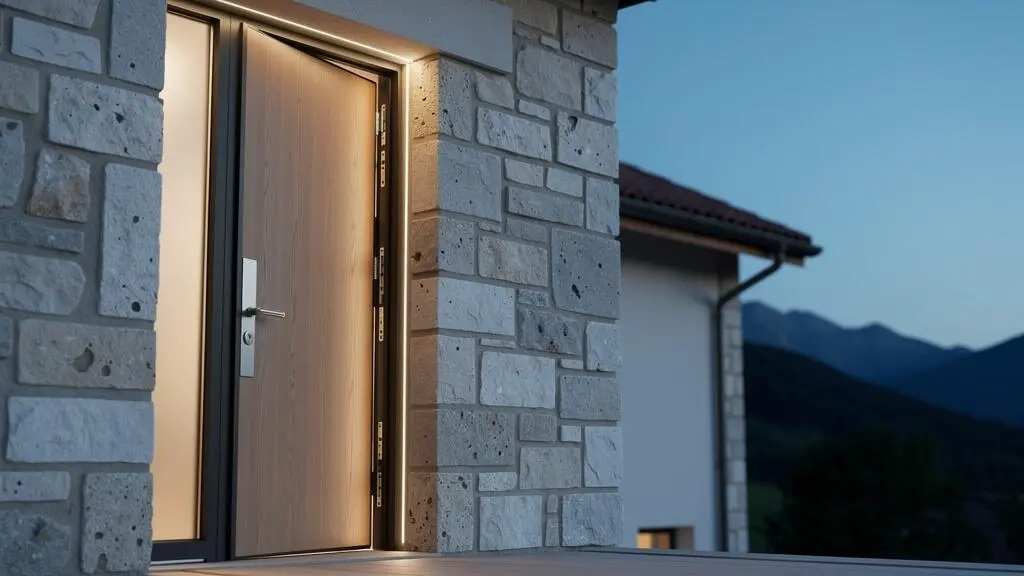 Porte d'entrée isolante haute performance intégrée à une façade de maison française au crépuscule