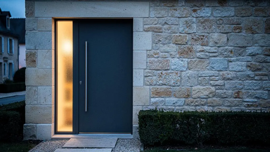 Porte d'entrée moderne et robuste d'une maison française, symbole de protection thermique et de sécurité