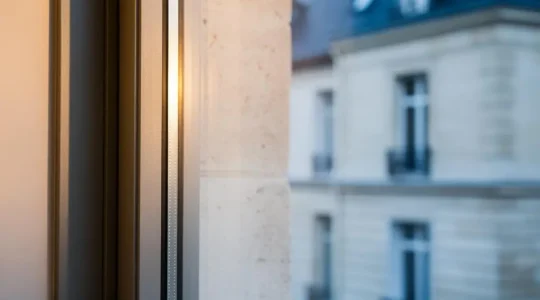 Gros plan artistique sur l'angle d'une fenêtre à double vitrage dans une maison française, illustrant la jonction entre le profilé et le vitrage sous une lumière douce d'hiver.