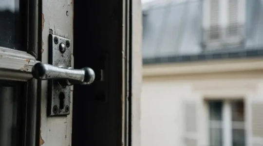 Gros plan symbolique sur une crémone de fenêtre française usée, illustrant les risques cachés d'une quincaillerie défaillante