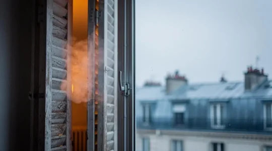 Fenêtre à l'ancienne entrouverte dans un appartement français en hiver, laissant entrer un filet de lumière froide face à l'ambiance chaleureuse de l'intérieur