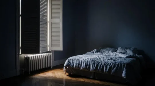 Chambre parisienne plongée dans l'obscurité totale grâce à des volets fermés, symbole d'une nuit de sommeil réparatrice