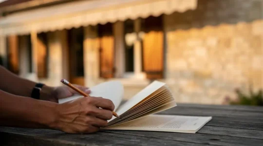Comparaison symbolique de plusieurs devis d'artisans posés sur une table en bois devant une maison française avec store banne et volets