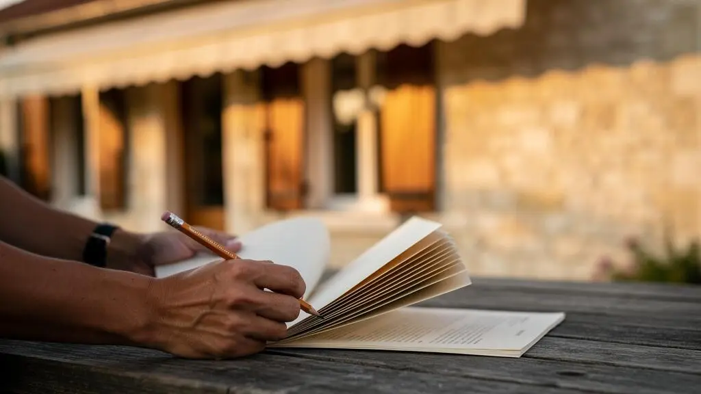 Comparaison symbolique de plusieurs devis d'artisans posés sur une table en bois devant une maison française avec store banne et volets
