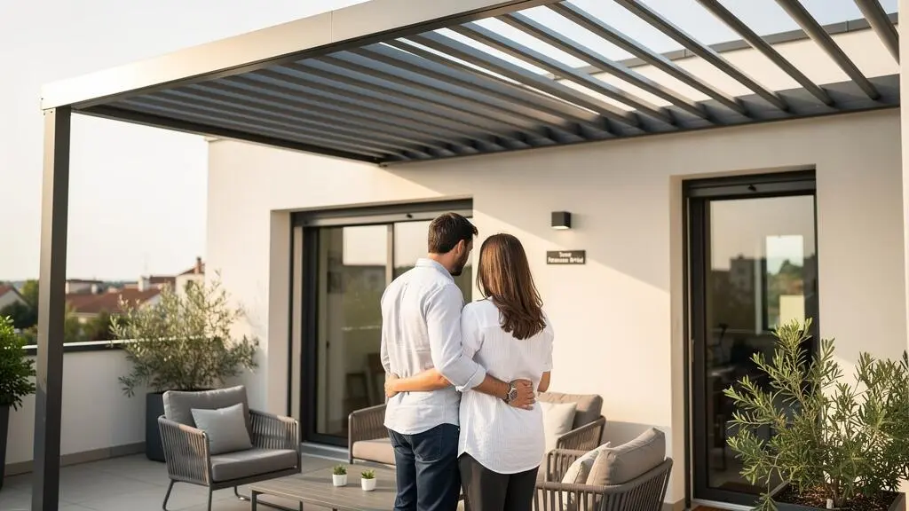 Un couple vu de dos observe une pergola bioclimatique avec lames ouvertes sur une terrasse contemporaine baignée de lumière naturelle
