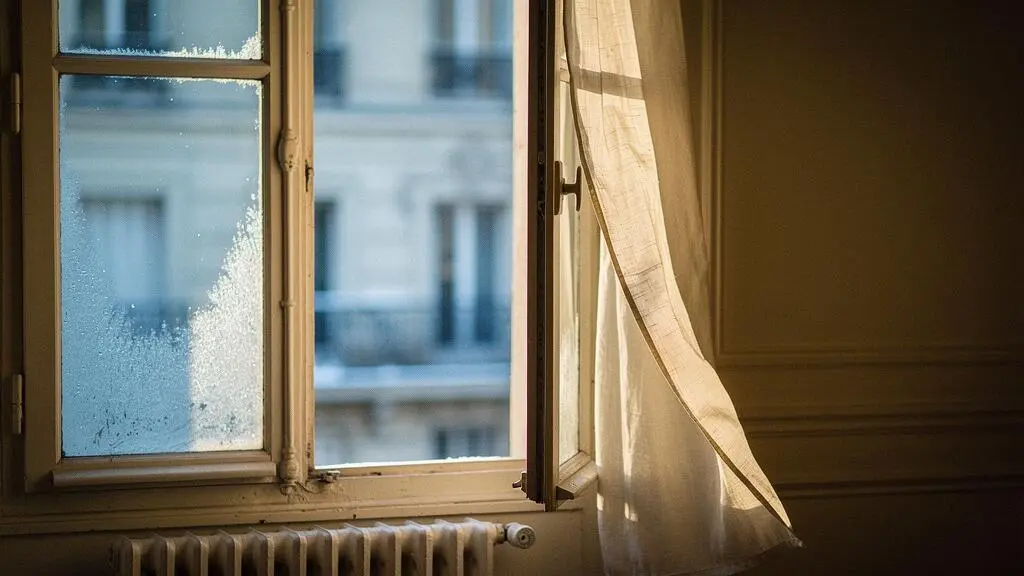 Fenêtre à la française givrée en hiver laissant deviner un courant d'air froid dans un intérieur chaleureux