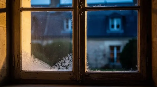 Fenêtre ancienne en bois d'une maison française laissant deviner une perte de chaleur invisible entre intérieur chaud et extérieur froid
