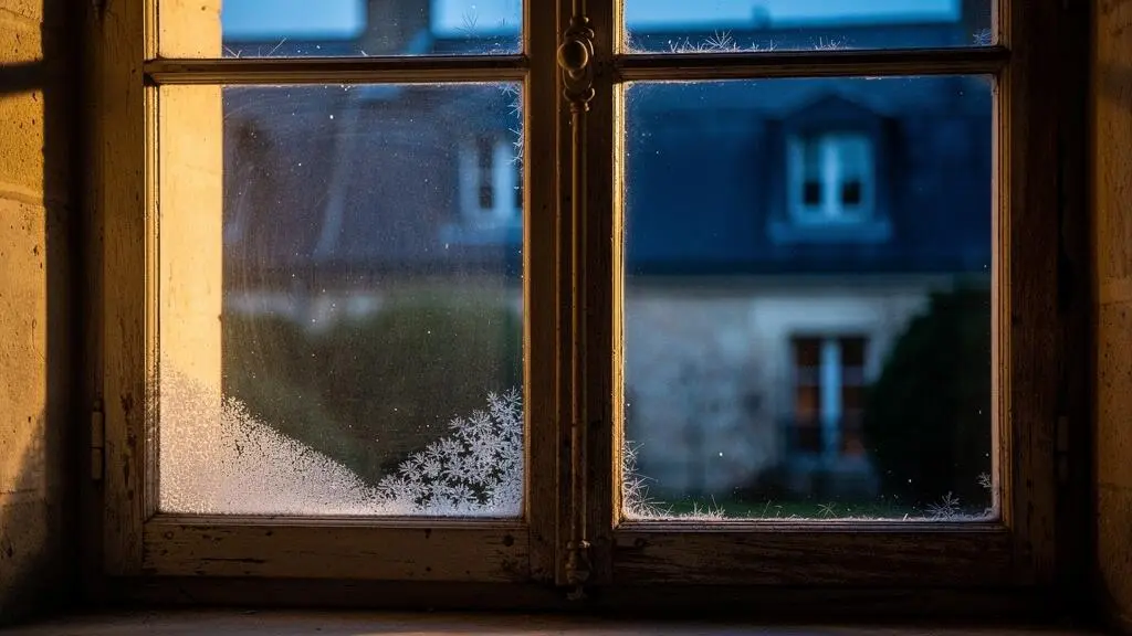 Fenêtre ancienne en bois d'une maison française laissant deviner une perte de chaleur invisible entre intérieur chaud et extérieur froid
