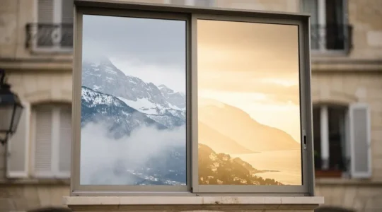 Fenêtre à double vitrage d'une maison française reflétant deux paysages climatiques différents, symbolisant l'isolation thermique adaptée à toutes les régions