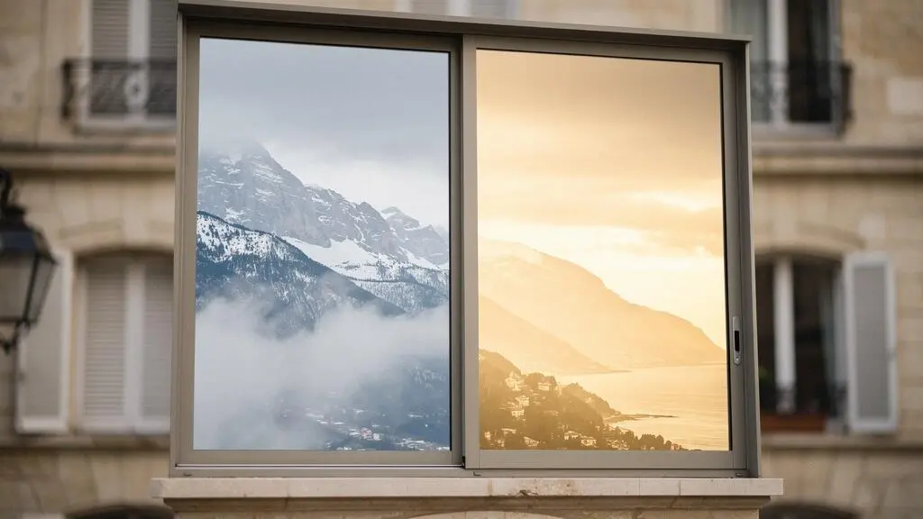 Fenêtre à double vitrage d'une maison française reflétant deux paysages climatiques différents, symbolisant l'isolation thermique adaptée à toutes les régions