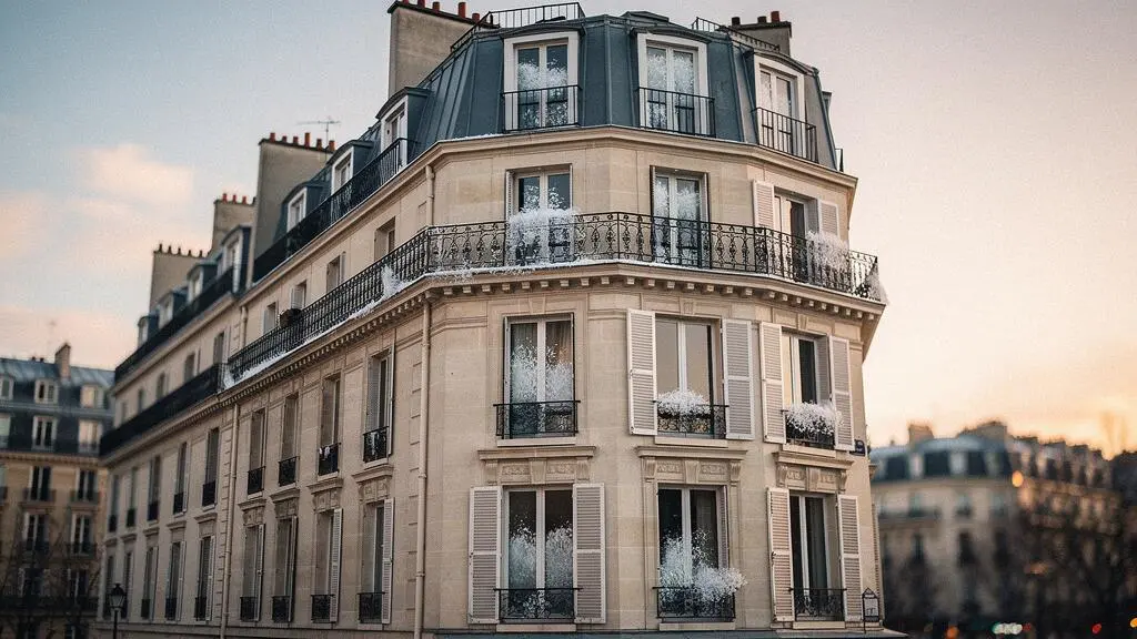Facade d'un immeuble haussmannien parisien au petit matin, avec de grandes fenêtres anciennes laissant deviner une legere condensation, symbole des pertes de chaleur liees aux menuiseries defaillantes