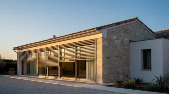 Facade de maison francaise illustrant la gestion du rayonnement solaire selon l'orientation et les saisons