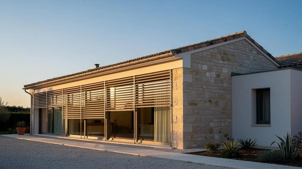 Facade de maison francaise illustrant la gestion du rayonnement solaire selon l'orientation et les saisons