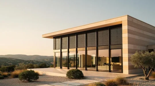 Facade contemporaine francaise avec grandes baies vitrees, profiles fins et volets motorises au coucher du soleil