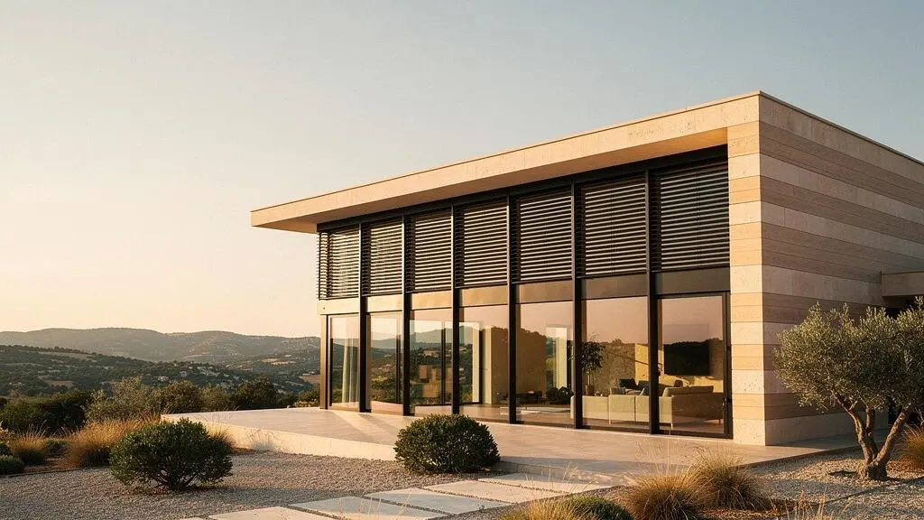 Facade contemporaine francaise avec grandes baies vitrees, profiles fins et volets motorises au coucher du soleil