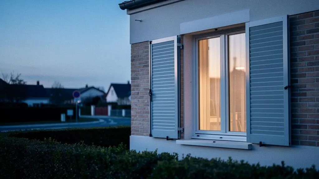 Fenêtre en aluminium d'un pavillon français vue de l'extérieur au crépuscule, symbolisant la protection contre les intrusions