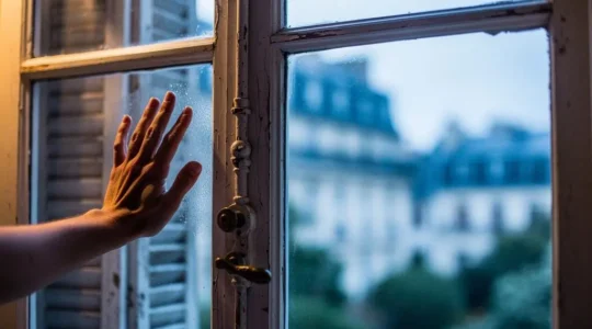 Main posée sur une fenêtre ancienne d'un appartement français, illustrant la déperdition de chaleur invisible qui alourdit la facture d'énergie