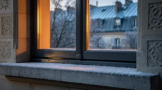 Gros plan architectural sur une fenêtre de maison française illustrant la couche d'air isolante entre deux vitres, symbole de performance thermique