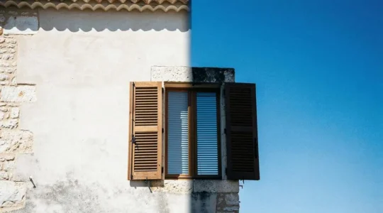 Facade d'une maison francaise avec volets mi-clos filtrant la lumiere intense d'une journee de canicule