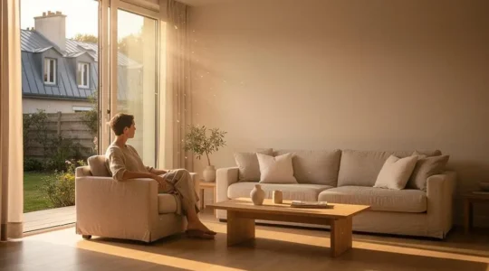 Salon lumineux d'une maison française baigné de lumière naturelle du matin filtrée par de grandes fenêtres