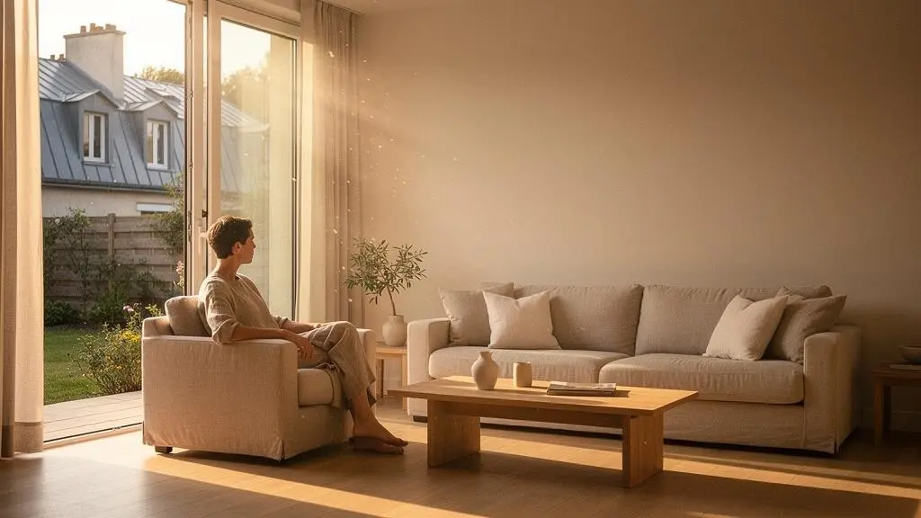 Salon lumineux d'une maison française baigné de lumière naturelle du matin filtrée par de grandes fenêtres