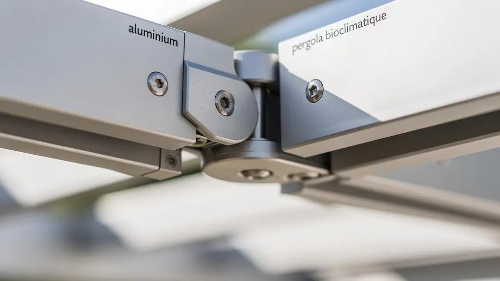 Gros plan détaillé sur le mécanisme de jonction des lames orientables en aluminium d'une pergola bioclimatique