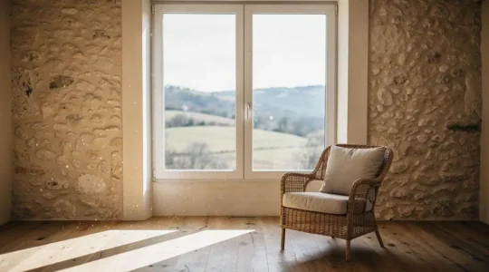 Grande baie vitrée orientée sud laissant entrer la lumière du soleil d'hiver dans un salon français à l'architecture contemporaine