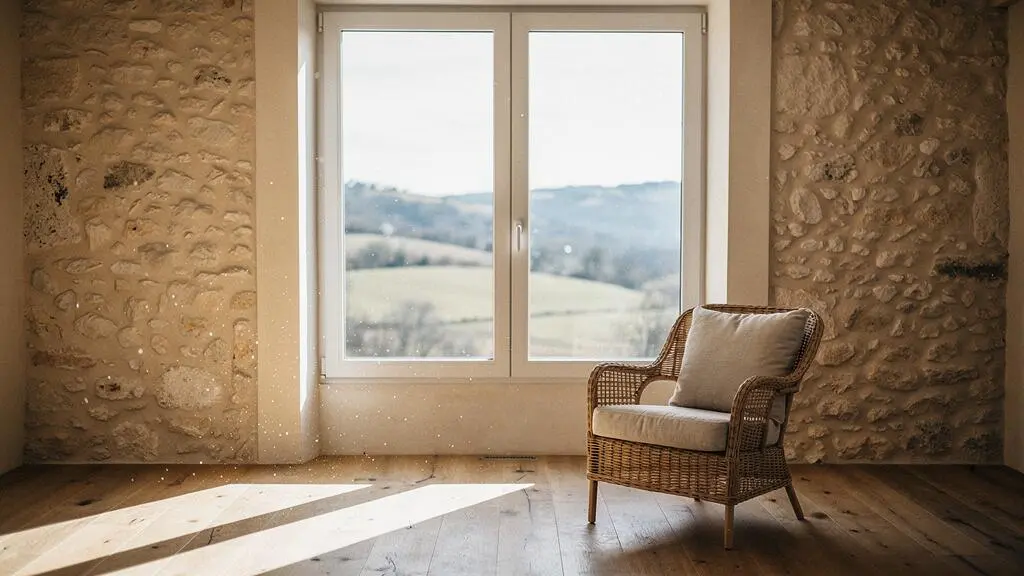 Grande baie vitrée orientée sud laissant entrer la lumière du soleil d'hiver dans un salon français à l'architecture contemporaine