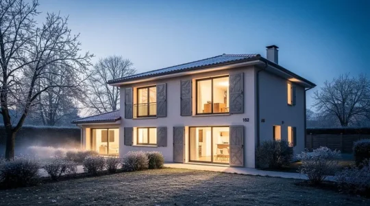 Façade d'une maison française avec fenêtres modernes à triple vitrage, ambiance chaleureuse contrastant avec l'extérieur froid, illustrant le confort thermique