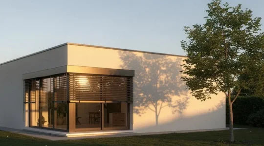 Façade d'une maison française avec de grandes baies vitrées et volets, illustrant la régulation thermique naturelle des menuiseries
