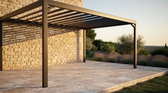 Pergola bioclimatique à lames orientables projetant des jeux d'ombre et de lumière sur une terrasse de villa provençale