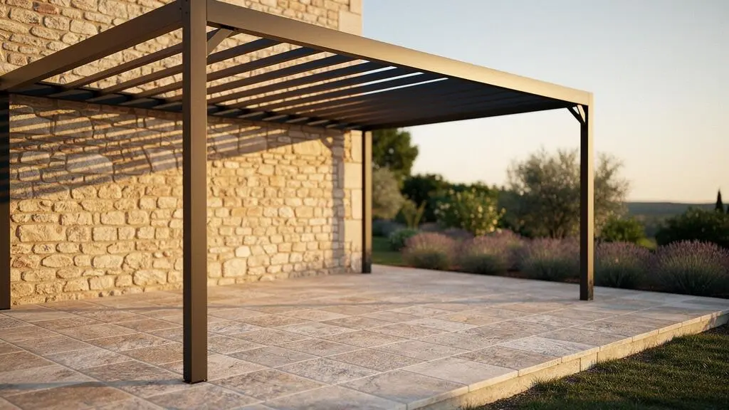 Pergola bioclimatique à lames orientables projetant des jeux d'ombre et de lumière sur une terrasse de villa provençale