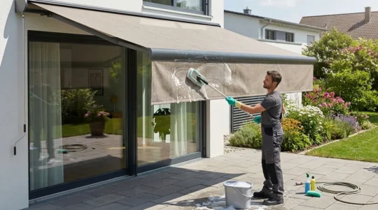 personne nettoie toile store banne de terrasse