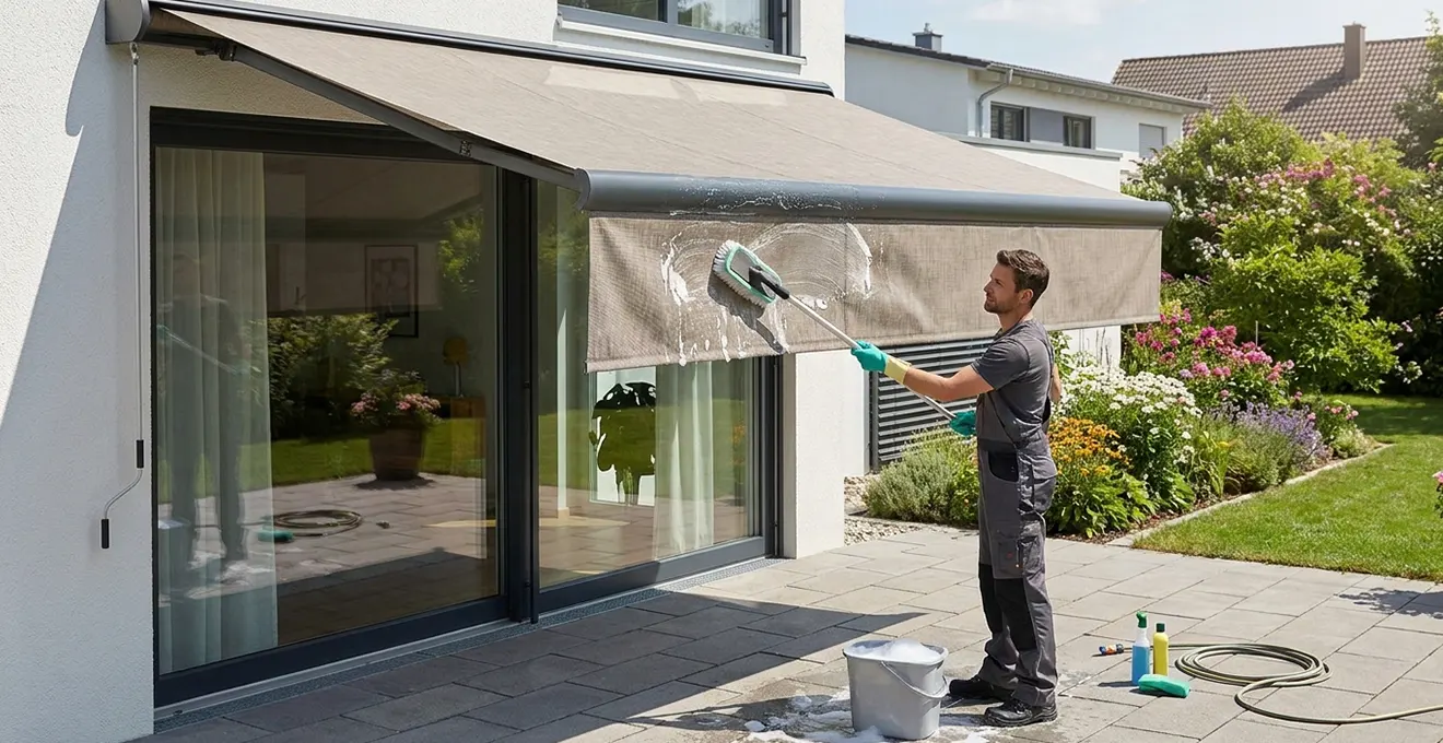 personne nettoie toile store banne de terrasse