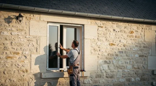 Artisan menuisier réglant avec précision une fenêtre neuve sur une façade de maison française traditionnelle