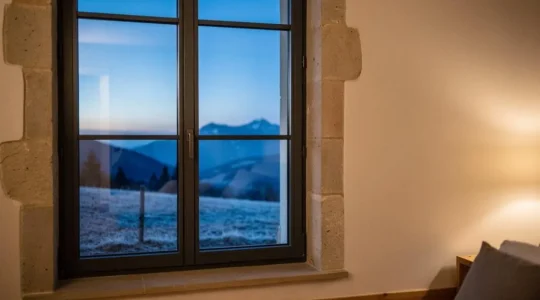 Fenêtre à triple vitrage d'une maison française vue de l'intérieur, contraste entre chaleur intérieure et paysage hivernal extérieur