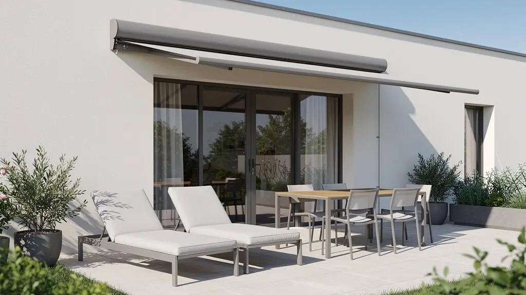 Vue large d'une terrasse moderne française avec mobilier de jardin et store banne à coffre intégral beige parfaitement replié dans son caisson de protection
