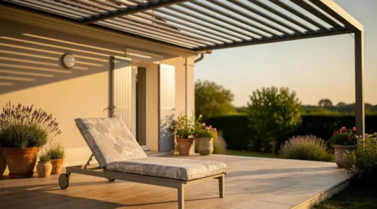 Terrasse française aménagée avec pergola, mobilier confortable et protections solaires en fin de journée